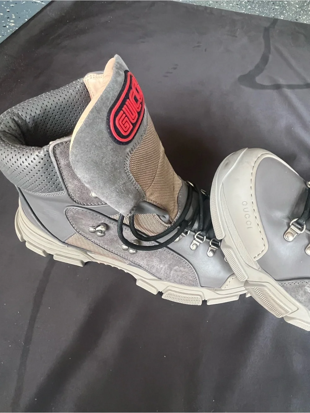 Gucci Men's Gray and Tan High-Top Hiking Boots with Red Logo